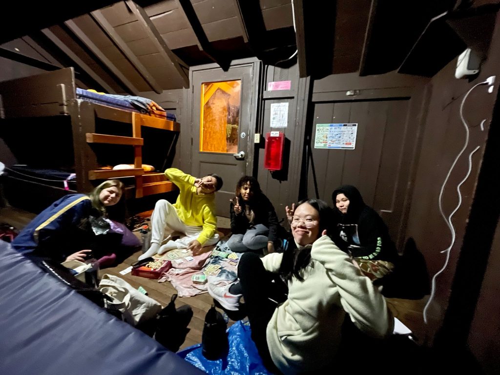 Four young people in a rustic cabin playing a game